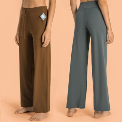Yoga Side Pocket Pants Women Drawstring Wide Leg High Waist Squat Proof Clothes