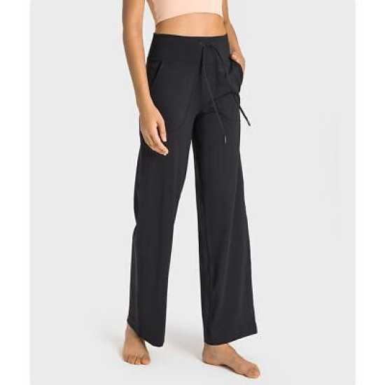 Yoga Side Pocket Pants Women Drawstring Wide Leg High Waist Squat Proof Clothes