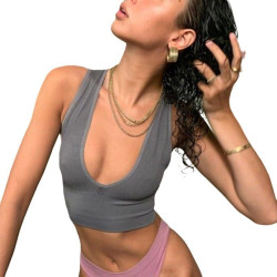 Women Sports Crop Top Seamless Bra Underwear Tank Cami Solid Deep V Bralette New