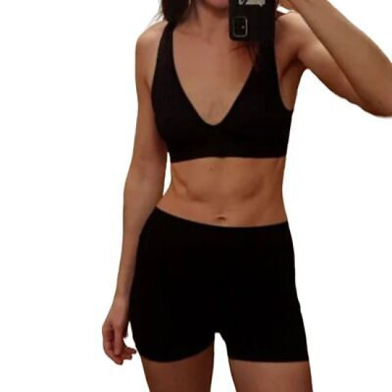 Seamless Women Bra Sets Sports Underwear V Neck Bralette High Waist Shorts Solid