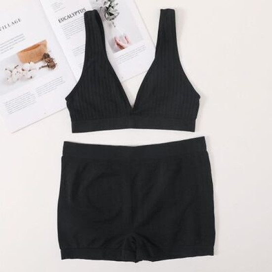 Seamless Women Bra Sets Sports Underwear V Neck Bralette High Waist Shorts Solid